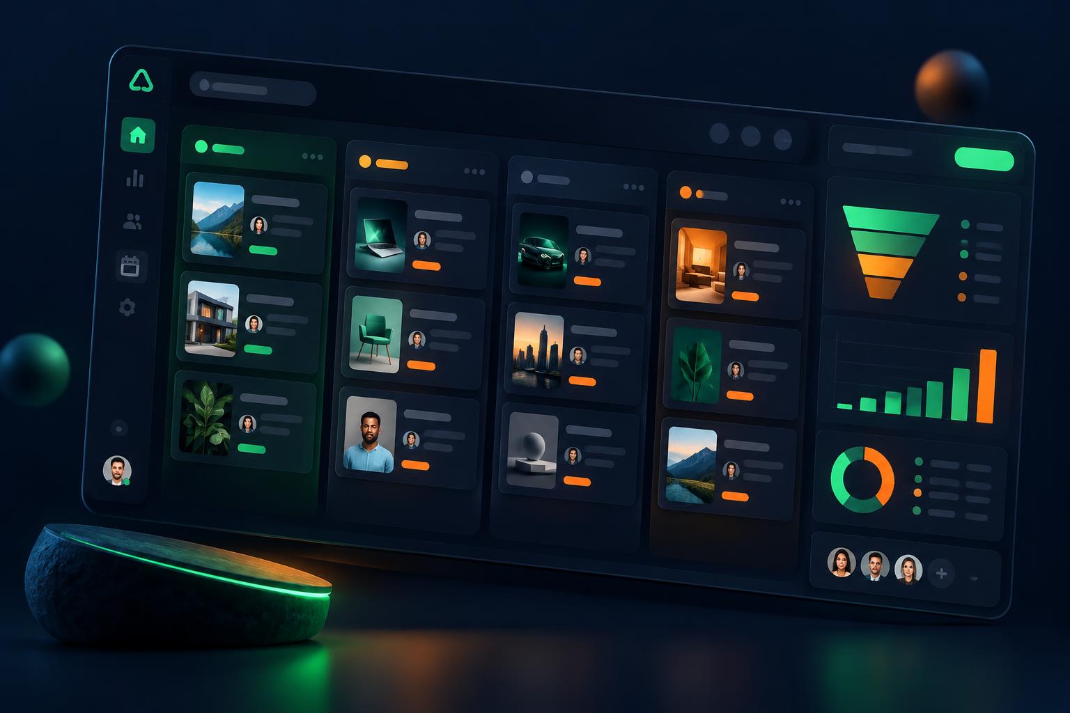 Painel do Ascend Hub com funil em kanban, criativos e gráficos de vendas